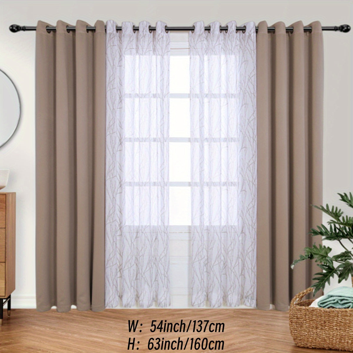 Pair of Curtains for Bedroom or Living Room - Includes 1 Sheer Branch Print Curtain and 1 Blackout Curtain, Grommet Style, 54x84 Inch Each, Dark Gray, Set of 2 Panels