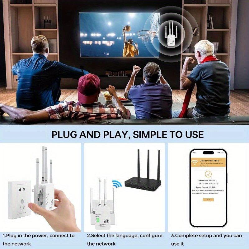 High-speed WiFi extender boosts signal over large area, supports 150 devices, dual-band for stability in home or office.