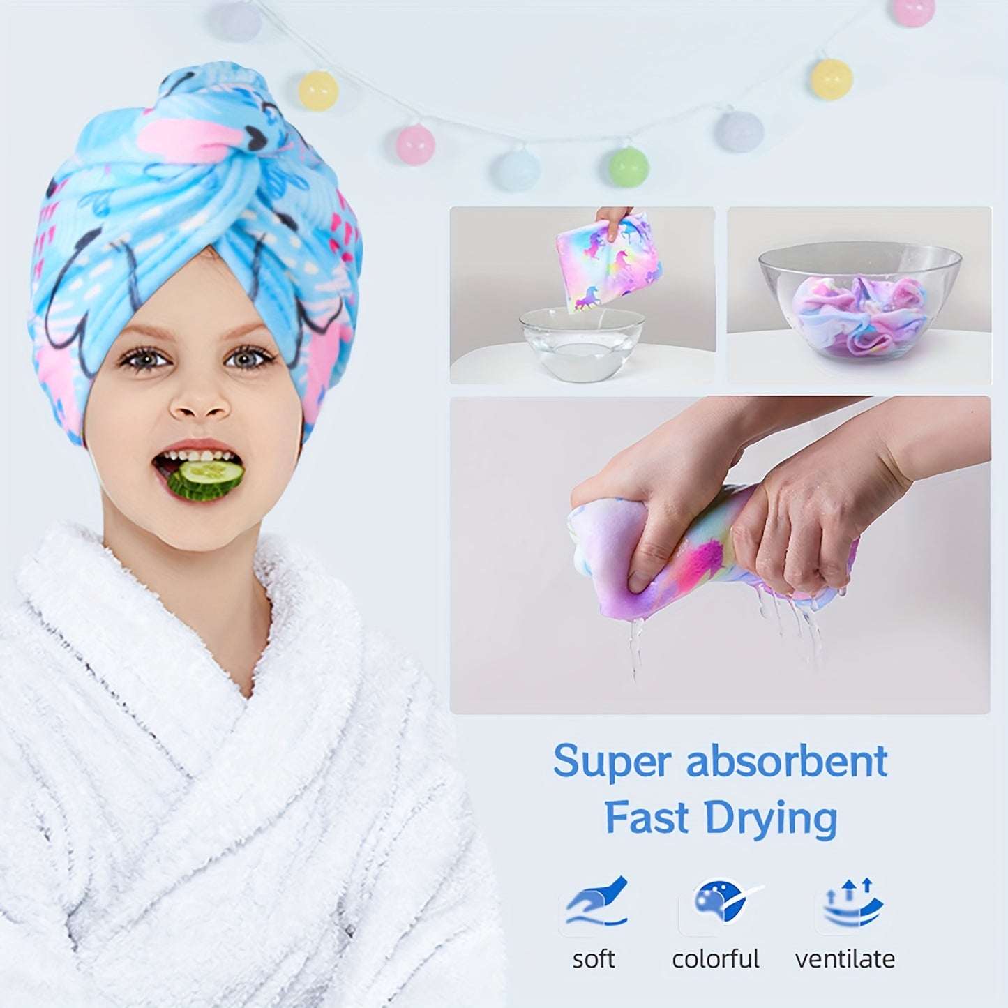 Printed microfiber hair towel for kids with quick-drying soft fabric, and button hair bandana for girls to wrap wet hair in salon.