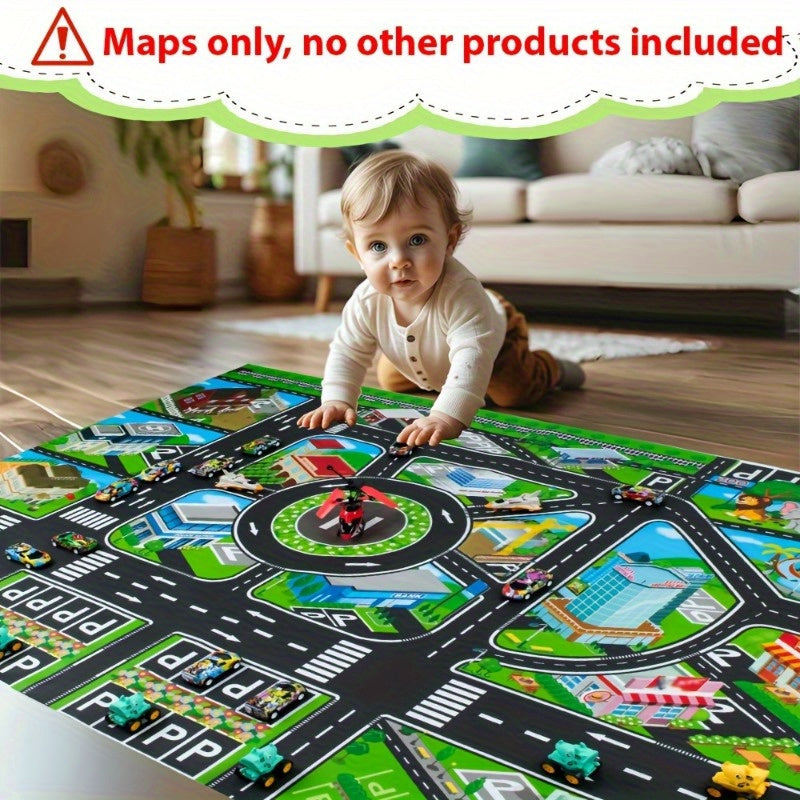 Large city traffic play mat for kids made of waterproof non-woven fabric with colorful road signs and vehicles. An educational and fun green transportation game for modern room decor.