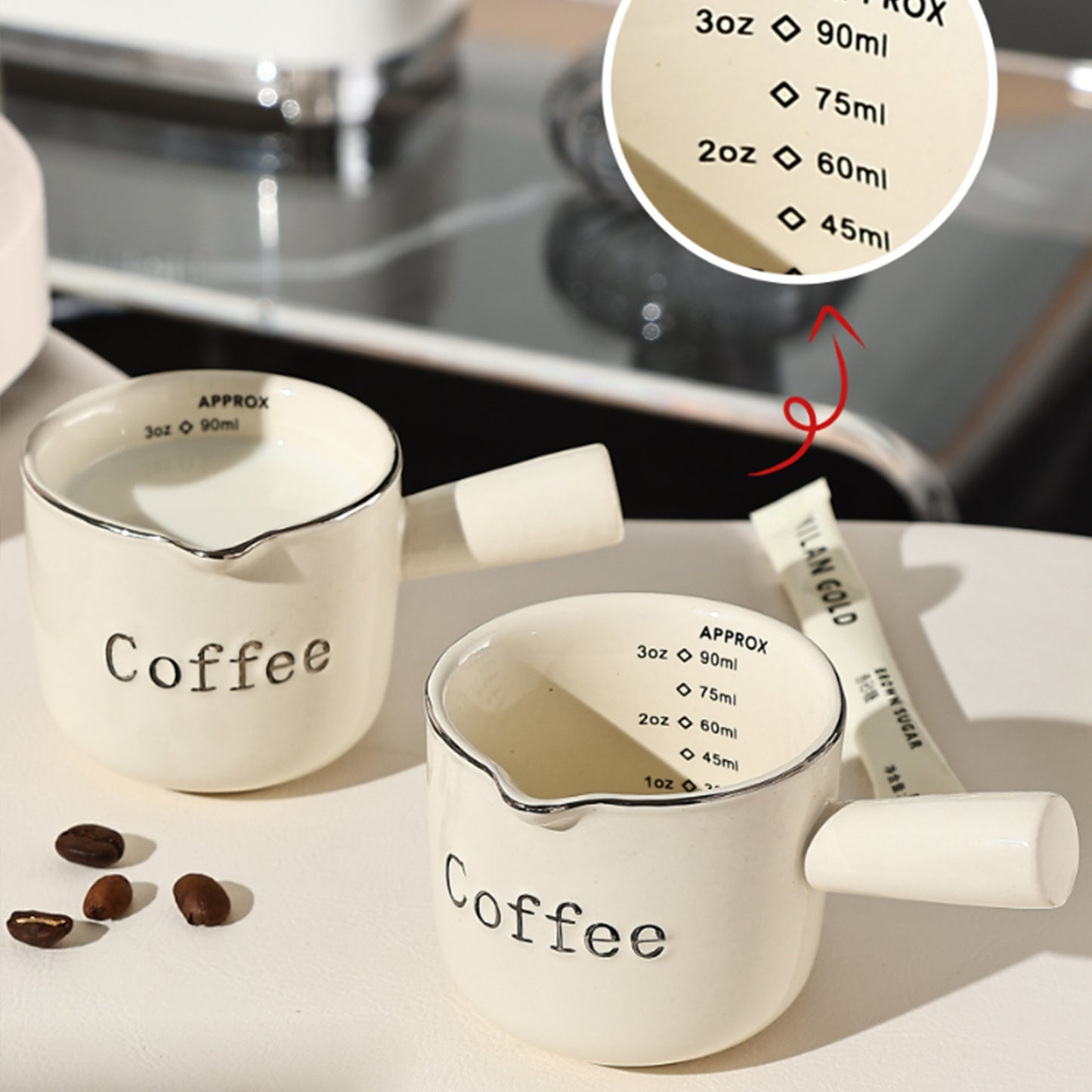 Elegant Vintage Cream Ceramic Espresso Cup with Measurement Scale - Reusable, High-Quality Coffee & Milk Measuring Cup for Home Use.