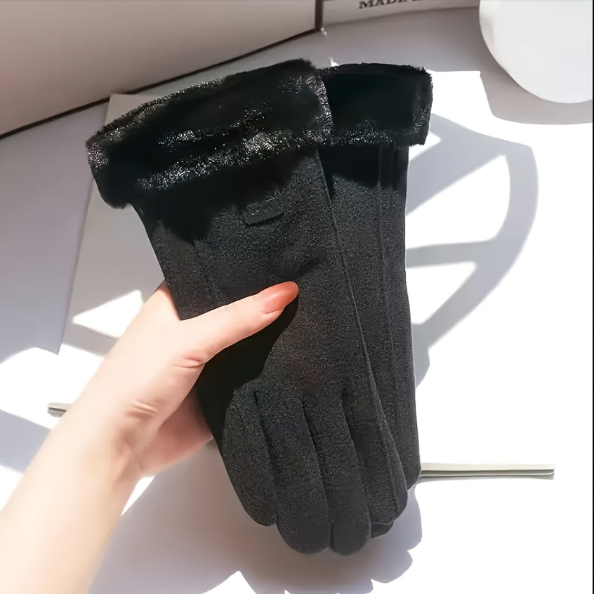 Warm and comfy beige touchscreen gloves for women with a plush lining to keep hands cozy in the winter featuring a full finger design.