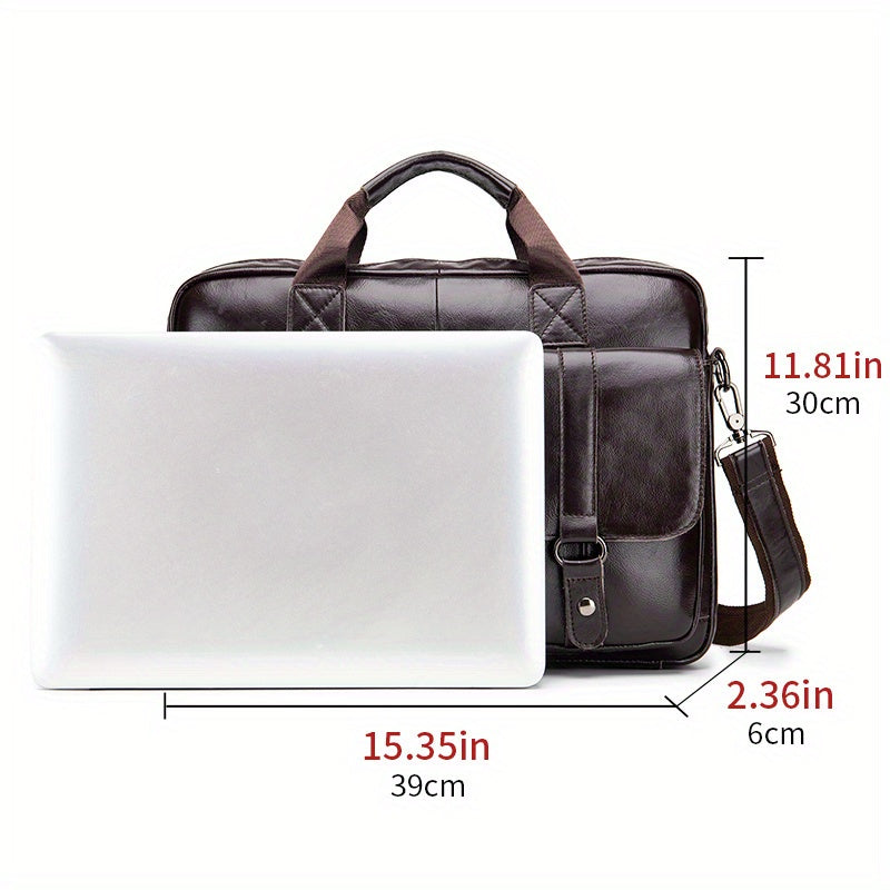 Brown leather briefcase with multiple compartments, adjustable shoulder strap, suitable for travel and professional activities.