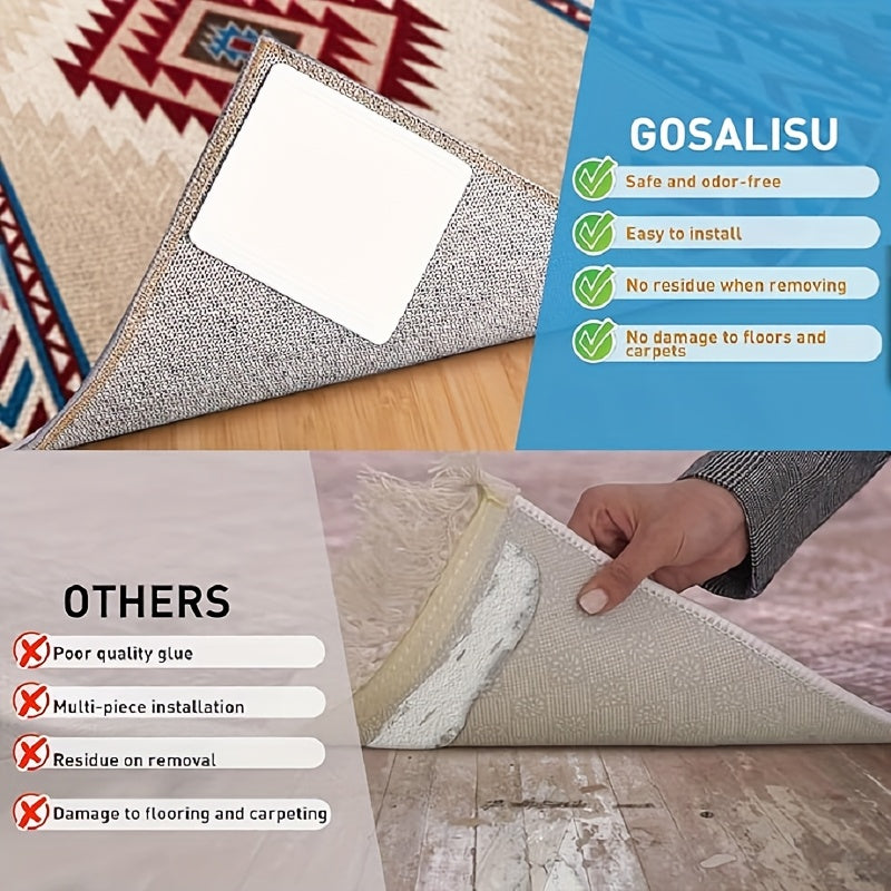 4 pieces of Non-Slip Carpet Gripper Pads - Can be Reused and Cut to Size, Featuring Double-Sided Adhesive for Keeping Area Rugs Secure on Hardwood Floors and Tiles, Perfect for Office or Home Use, A Must-Have Rug Gripper