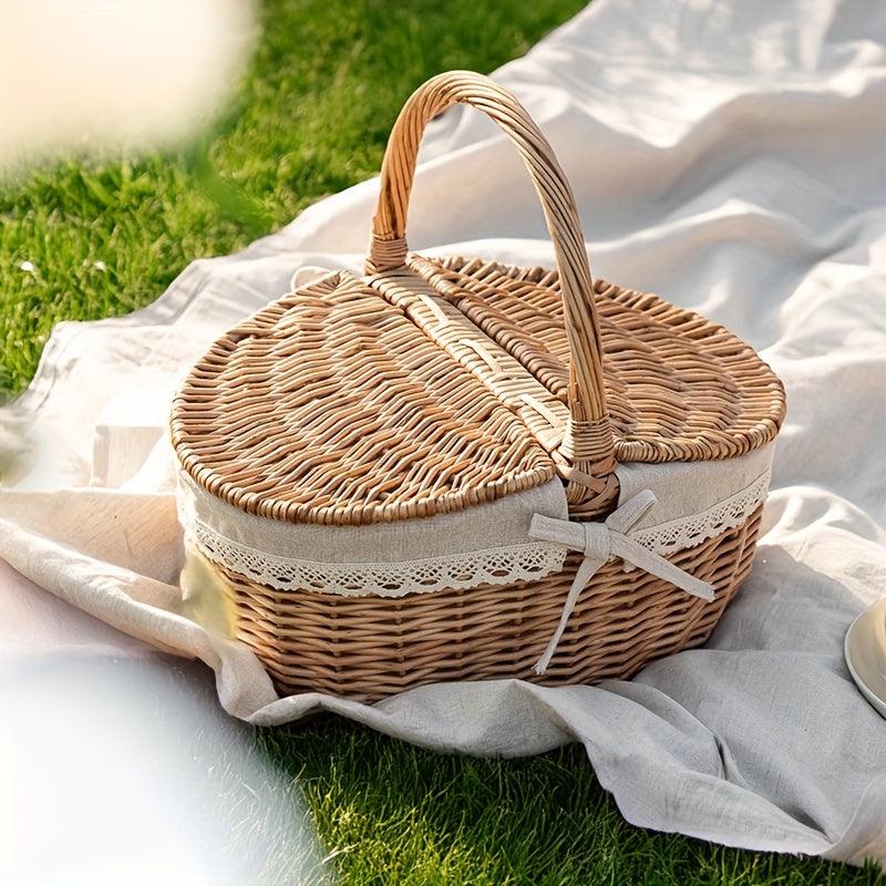 Wicker picnic basket with lid, insulated net, outdoor storage for garden & lawn, wooden frame, ideal for picnics & gardening.