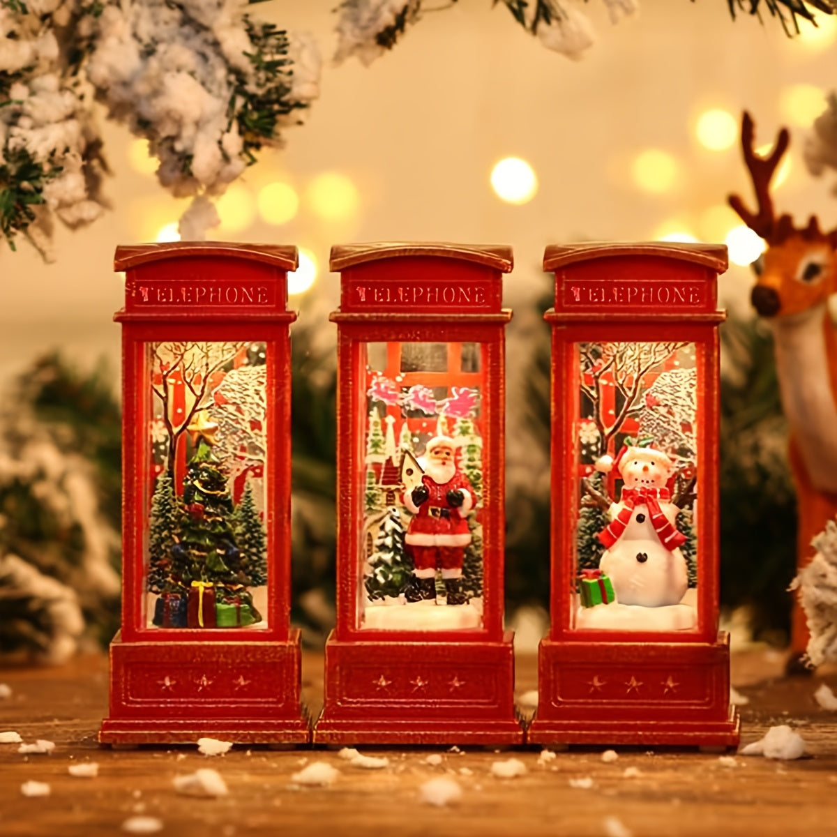 Festive Christmas phone booth decoration featuring Santa, snowman, and tree scenes. Battery-operated with illuminated red cabinet for holiday display.