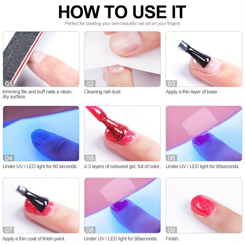 UV LED lamp gel nail polish starter kit includes top & base coat, nail drill, and decoration kit for salon and home manicure.