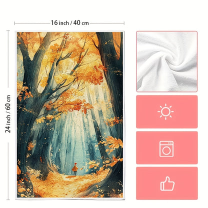 Set of 2 Ultra Soft Kitchen Towels featuring an Autumn Forest Scene, designed for high absorption and easy machine washing. Each towel measures 40.64x60.96 cm, ideal for holiday decoration and drying dishes.