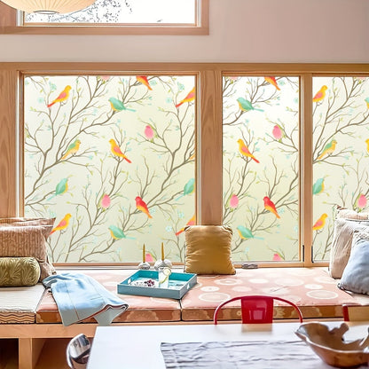 4mil Thick Elegant Bird & Branch Design Frosted Window Film with Static Cling for Privacy and Anti-Glare - Ideal for Kitchen, Bathroom, and Office Sliding Doors.