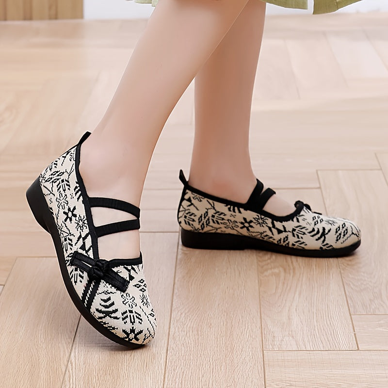 Crafted Comfort Women's Knit Slip-On Flats: Lightweight, Comfortable Walking Shoes with Soft Sole & Ethnic Pattern.