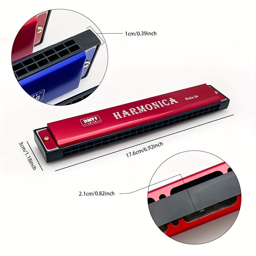 24-hole Golden Harmonica in C Major for all skill levels, includes box, available in white, red, blue, and black.