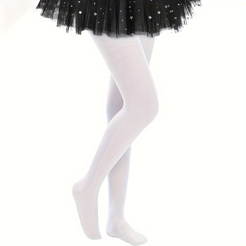 Girls' velvet solid color leggings tights in pink, black, and white. Ideal for ballet dance and casual wear. Stretchy and comfortable, made with a nylon spandex blend. Glossy finish for a