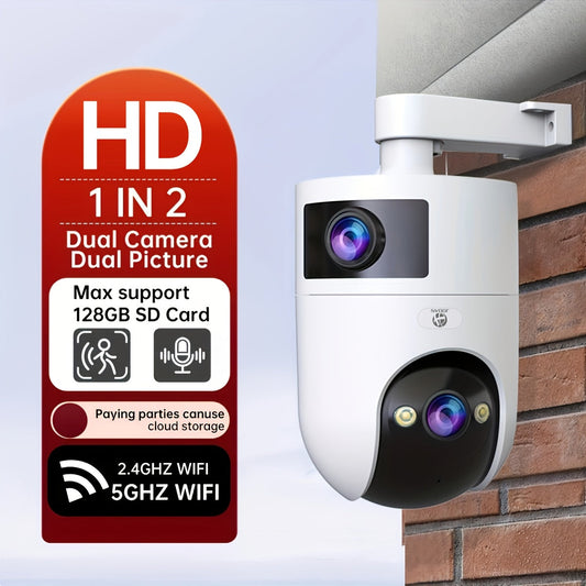 Wireless Surveillance Camera with Dual 4K Lenses, Full Color Night Vision, Two-way Voice Communication, 360° Coverage, Motion Detection, Built-in AP Hotspot, Support for 2.4G/5G Networks.