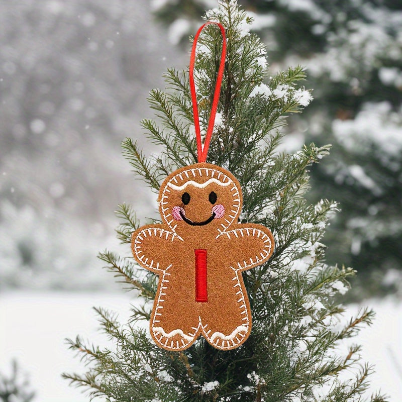 Embroidered gingerbread man ornament for Christmas decoration, made of fabric material. Classic style and no power required. Perfect for home and kitchen use.