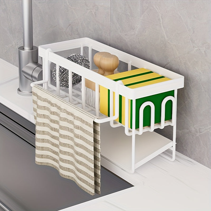 Black and white kitchen sink organizer with towel rack - includes metal sponge holder, dish soap caddy, and self-draining tray, offering versatility.