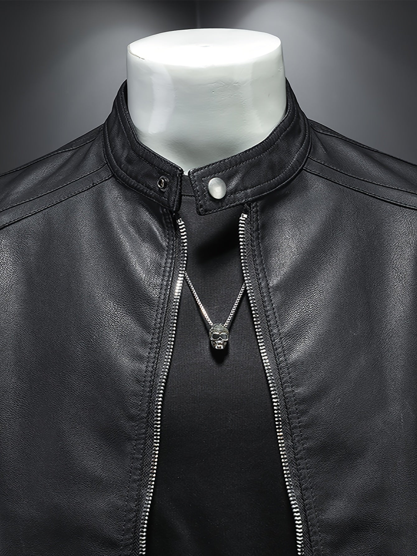 PU Leather Jacket for Men with Stand Collar and Zippered Pockets, Motorcycle Style