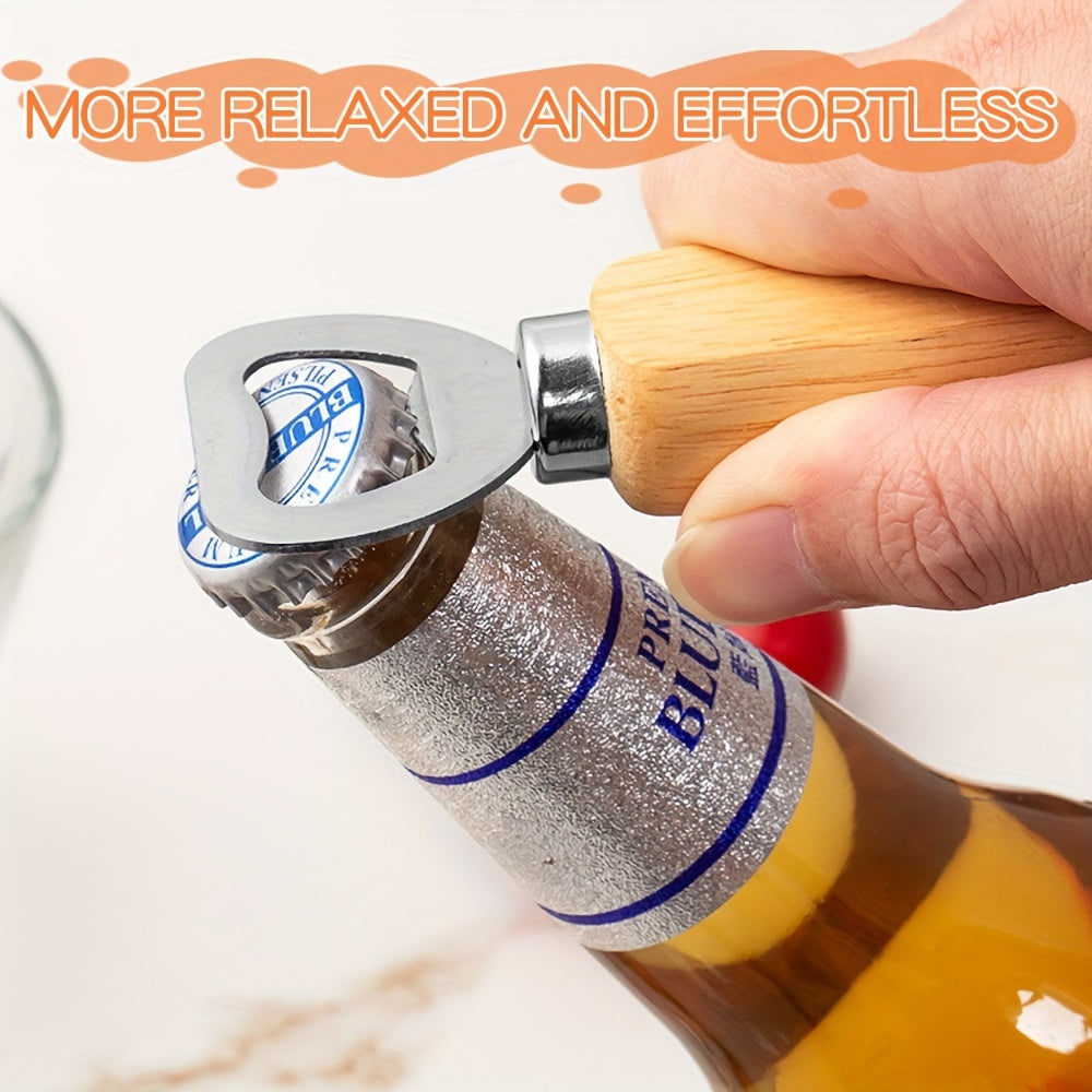 Personalized stainless steel beer bottle opener with wooden handle, perfect for business gifts, events, and carrying your contact information.