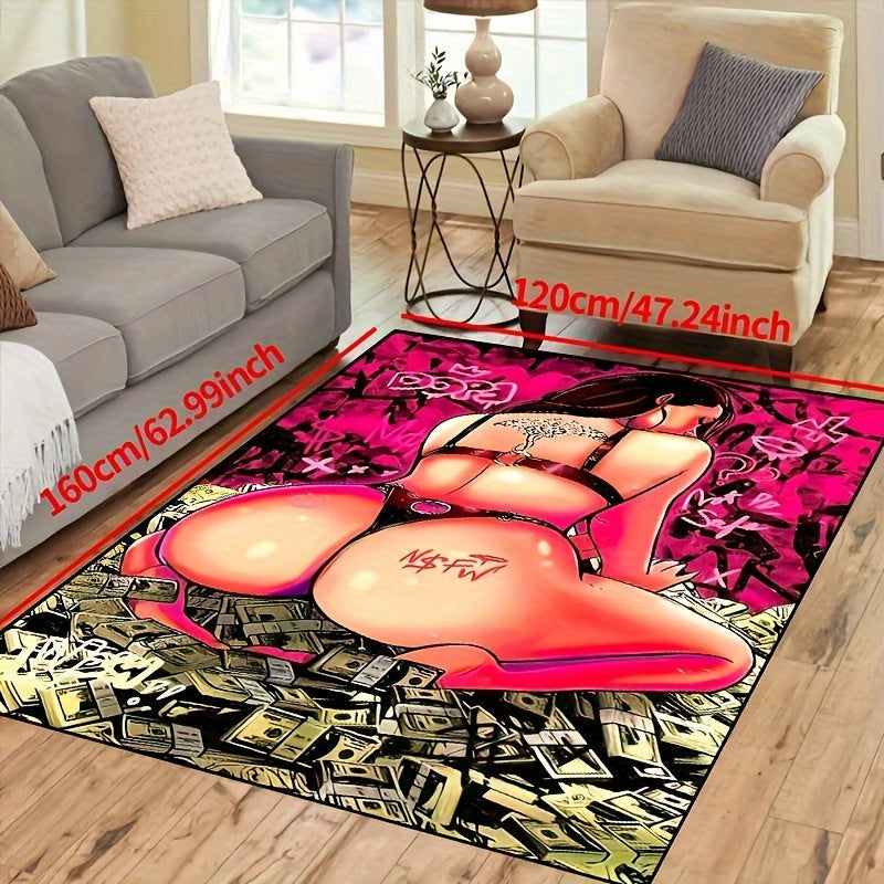 Non-slip resistant rug featuring a tattooed beauty sitting in a pile of dollars surrounded by back shadow devil fish. This machine washable and waterproof carpet is perfect for entryways, living rooms, bedrooms, outdoor patios, gardens, and yards. Add a