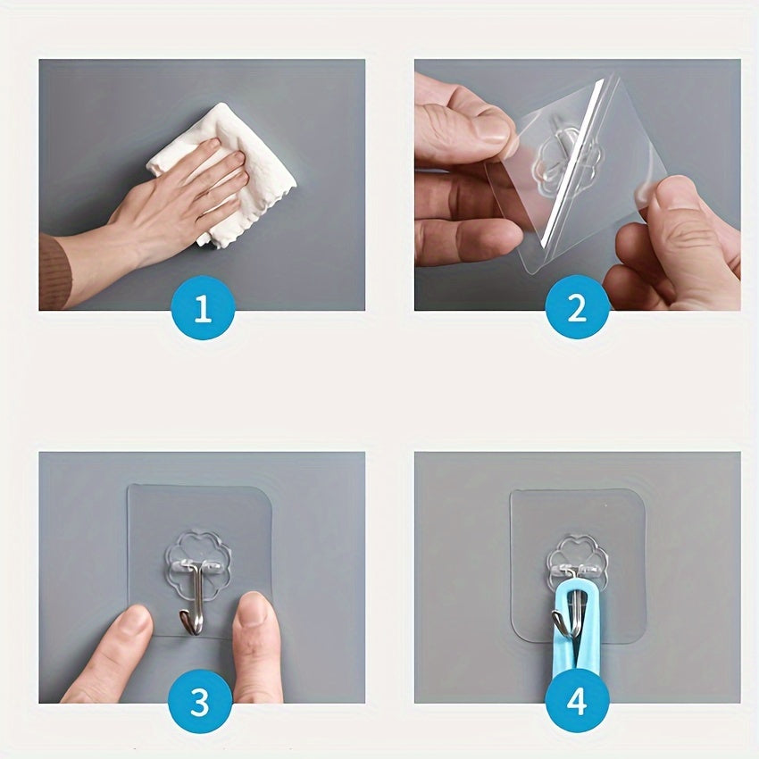 Set of 20 adhesive hooks that are easy to install without the need for drilling. These hooks are sturdy, durable, and perfect for organizing your kitchen and bathroom.