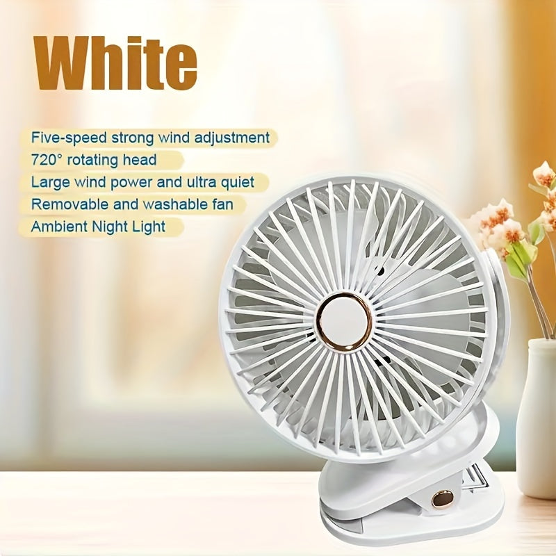 Portable silent desktop fan featuring powerful wind, energy-efficient biomimetic fan blades, five-speed wind adjustment, built-in battery with long-lasting USB charging, 720-degree adjustable air supply, and a 6-inch extra-large air outlet.