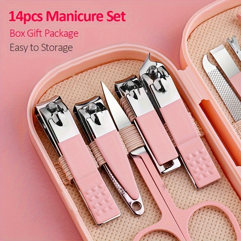 A 14-piece stainless steel manicure and pedicure set with modern concave edge nail clippers and grooming tools, including a portable storage box. A unisex odorless nail care kit.