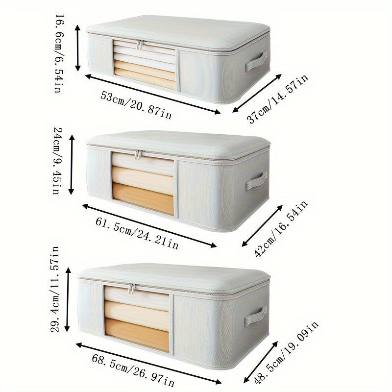 Collection of three large Oxford fabric storage boxes with strong handles and a zipper, available in capacities of 32L, 62L, and 92L. These waterproof rectangular organizers are perfect for storing comforters, clothing, and seasonal bedding. This modern