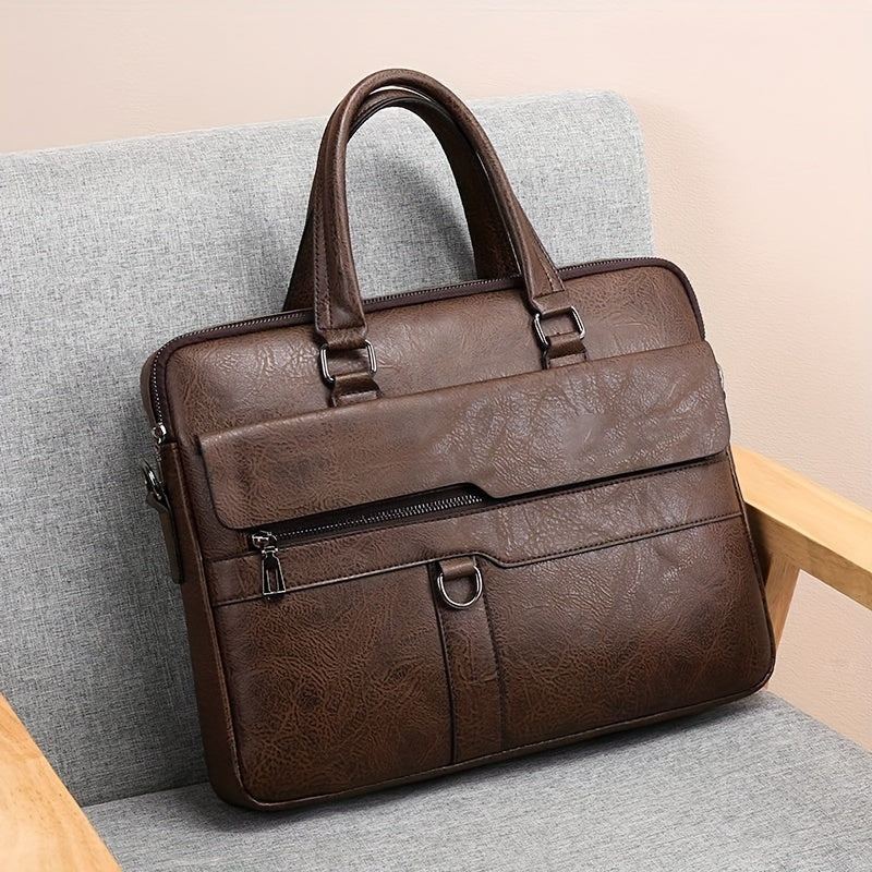 Vintage style coffee briefcase for men with adjustable strap, perfect for daily commute.