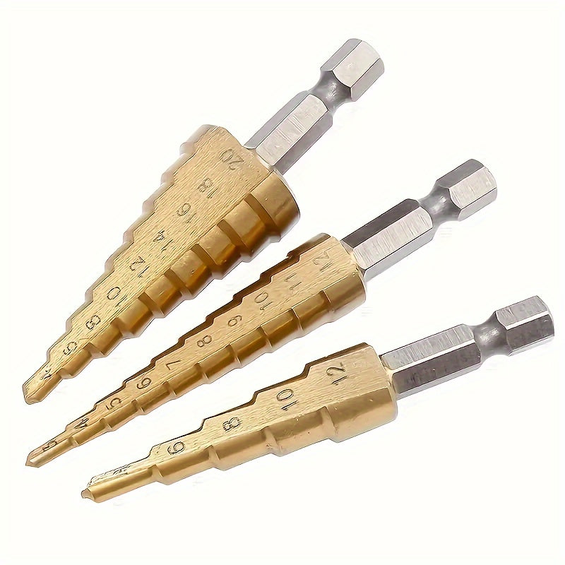 3pc Titanium-Coated HSS Step Drill Bit Set - High Precision, Multi-Size for Wood & Metal, Durable & Versatile