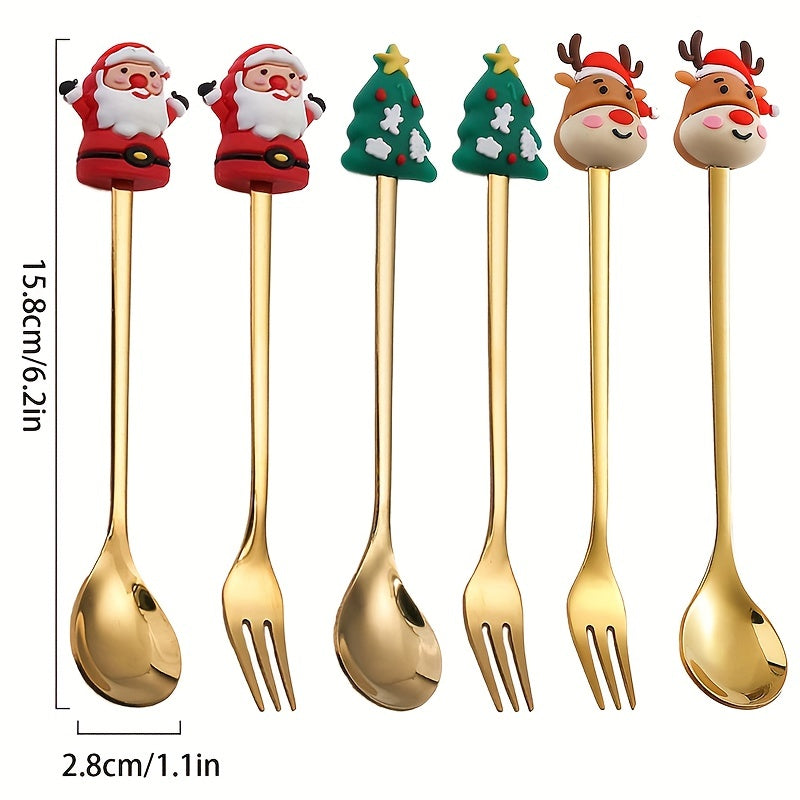 Set of 4/6 Christmas-themed stainless steel coffee spoons and forks in a red or green gift box for stirring beverages and desserts.