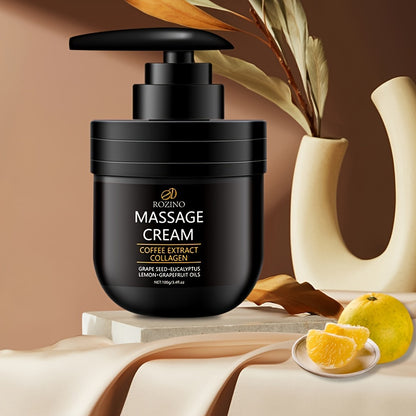 ROZINO Massage Cream with Coffee Extract Collagen, Grape Seed, Eucalyptus, Lemon, and Grapefruit Oils moisturizes, brightens, and nourishes skin.