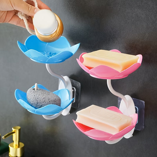 Plastic flower-shaped soap dish set with drainage holes, double-layer design, wall-mounted, 11.5cm x 4.53cm, also includes a 16cm x 6.3in soap holder for bathroom accessories.