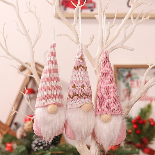 3-piece set of festive Christmas gnome decorations featuring colorful faceless old man ornaments with unique hat designs, hanging legs and arms, ideal for holiday dress-up and home decor.