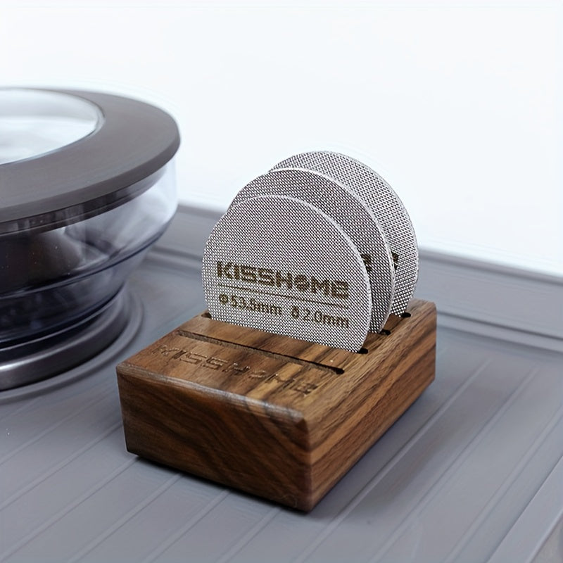 Reusable espresso puck screen made of 316 stainless steel, heat resistant, available in diameters of 51mm, 53.5mm, and 58.5mm. Compatible with Breville machines and 51mm, 54mm, and 58mm portafilters. Includes coffee accessories.