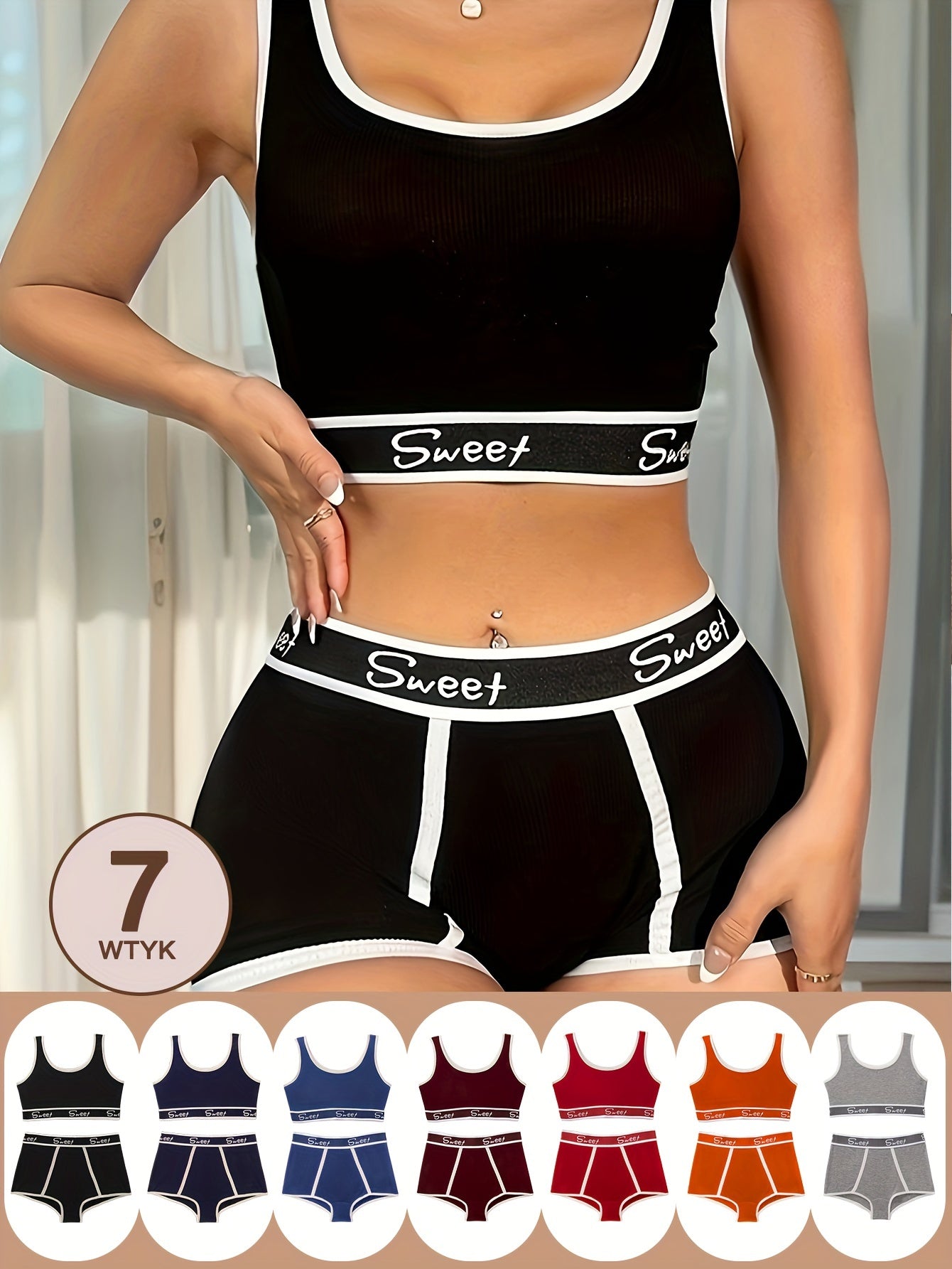 7-piece color block letter print tank bra and panties lingerie set for women.