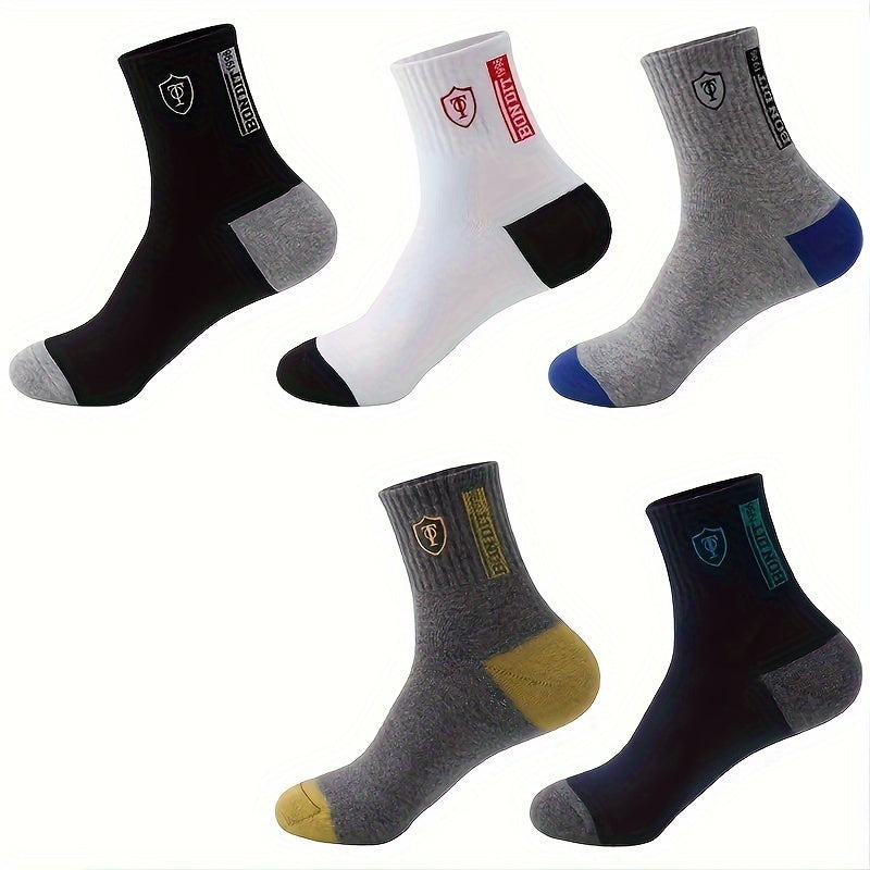 5 pairs of men's athletic crew socks with moisture-wicking knit fabric, solid color, 75% polyester, 25% spandex, embroidered badge, hand wash only, sweat-resistant.