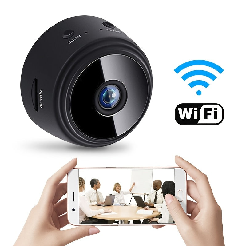 Mini WiFi security camera with magnetic back, USB rechargeable, app-controlled for home and office surveillance in black and white, 24/7 loop recording, multi-user support, portable design