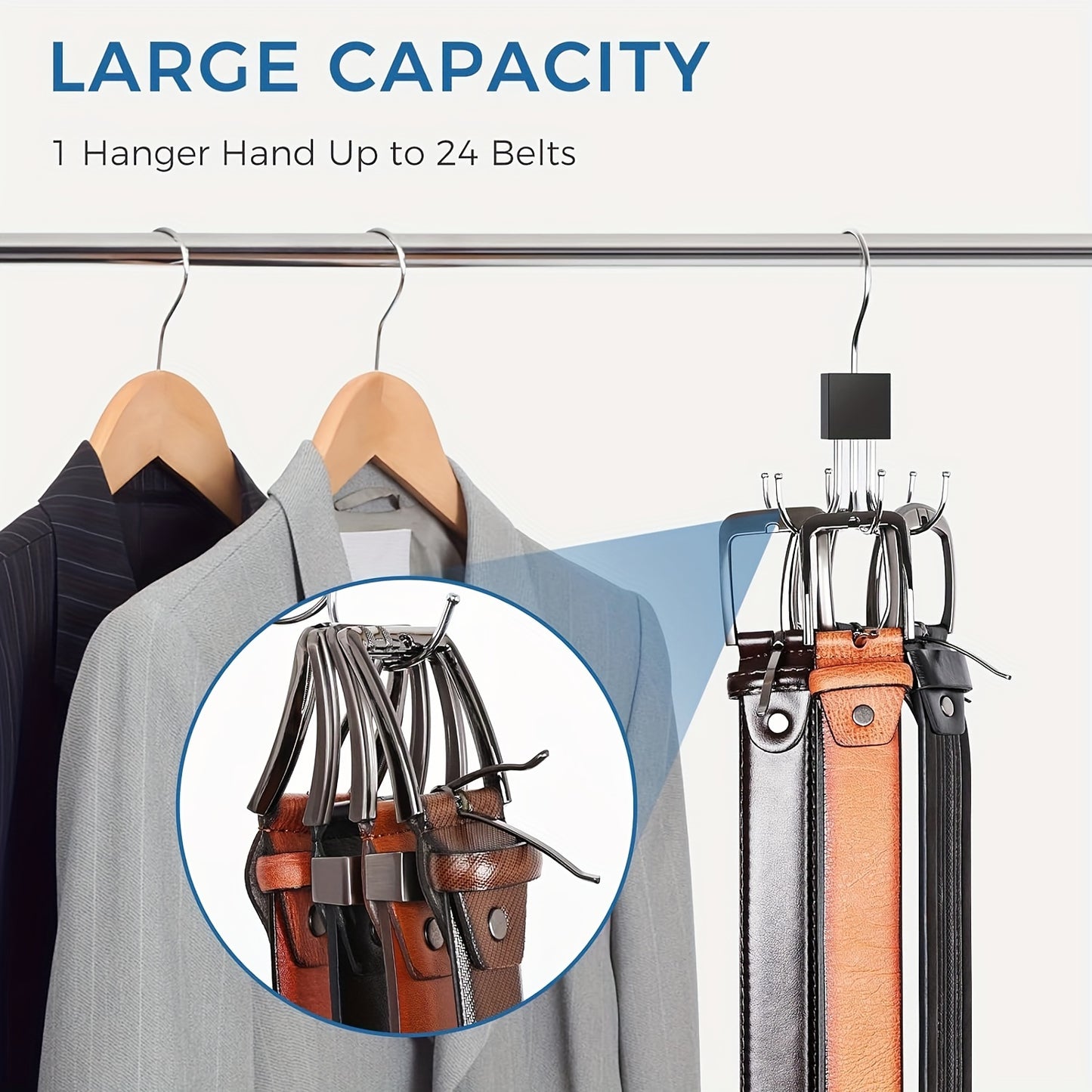 Large capacity multipurpose belt hanger for organizing belts, bras, vests, ties, and scarves in a closet. Made of rotatable wooden rack with stainless steel hanging hooks. Stylish accessory for any closet.