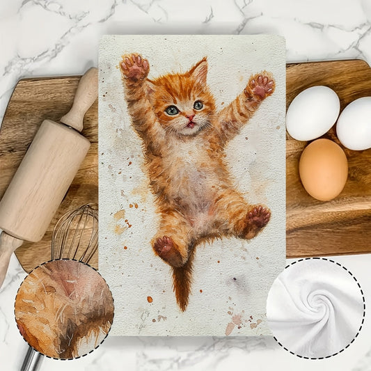 2 pieces of ultra soft kitchen towels featuring an adorable orange kitten learning to jump design. These highly absorbent and machine washable dish hand towels come in a contemporary style measuring 40.64x60.96 cm. Perfect for holiday decor, these dish