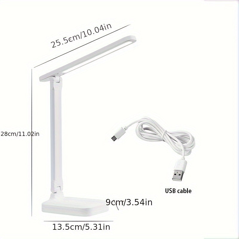 Smart touch LED desk lamp with 3-level dimmable light, eye protection, adjustable arm, USB powered, rust resistant, for indoor use. Includes cord.