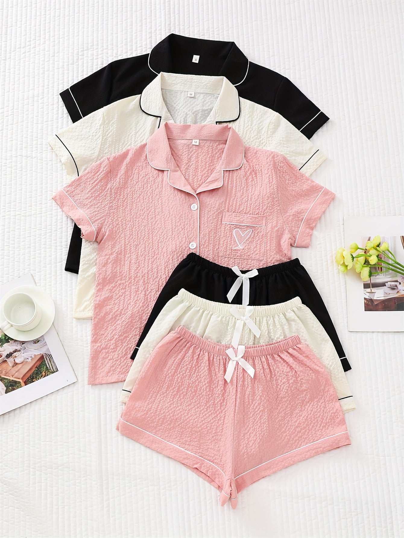 3-piece set of summer pajamas: Hemmed contrast color collar top with pocket embroidery, button closure, and bow shorts for women.