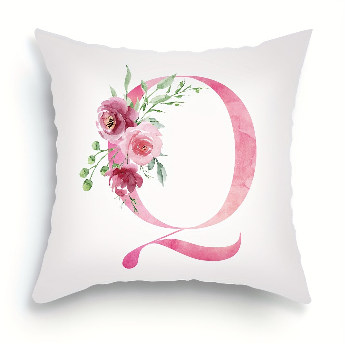 18x18 inch Alphabet Floral Pillow Cover featuring A to Z English Letters in pink print. Ideal for adding a contemporary touch to sofa, living room, or bedroom decor. Single-sided printing, insert not included.