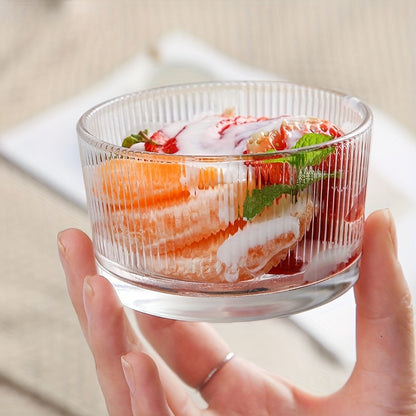 Versatile clear glass dessert bowls in 3 sizes for any occasion, suitable for yogurt, jams, and other desserts. Hand wash only. Reusable and recyclable.