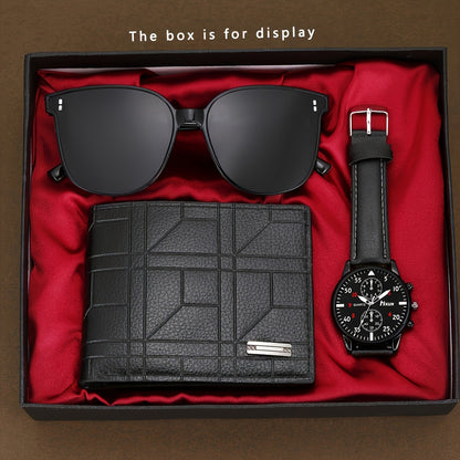 Men's Fashion Accessory Set includes 3 pieces: Quartz Watch with Non-Waterproof Alloy Case, Pointer Display, and Electronic Drive. Battery powered with Faux Leather Strap and Button Battery included. Perfect for Watches, Glasses, and Wallet Combo in