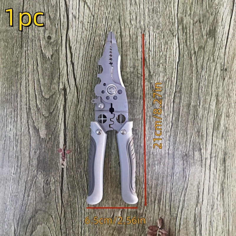 Multi-functional electrician wire stripping pliers with metal grey polished finish, durable stain resistant, wire cutter, crimper, screw sizing, and shearing tool with rubber-coated handle.