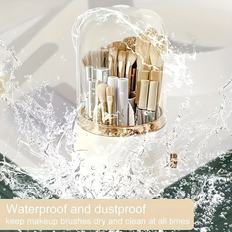 High-end 360-Degree Rotating Makeup Organizer with Dustproof compartments for Brushes, Lipsticks, and Eyebrow Pencils - Ideal for Bathroom Vanity.