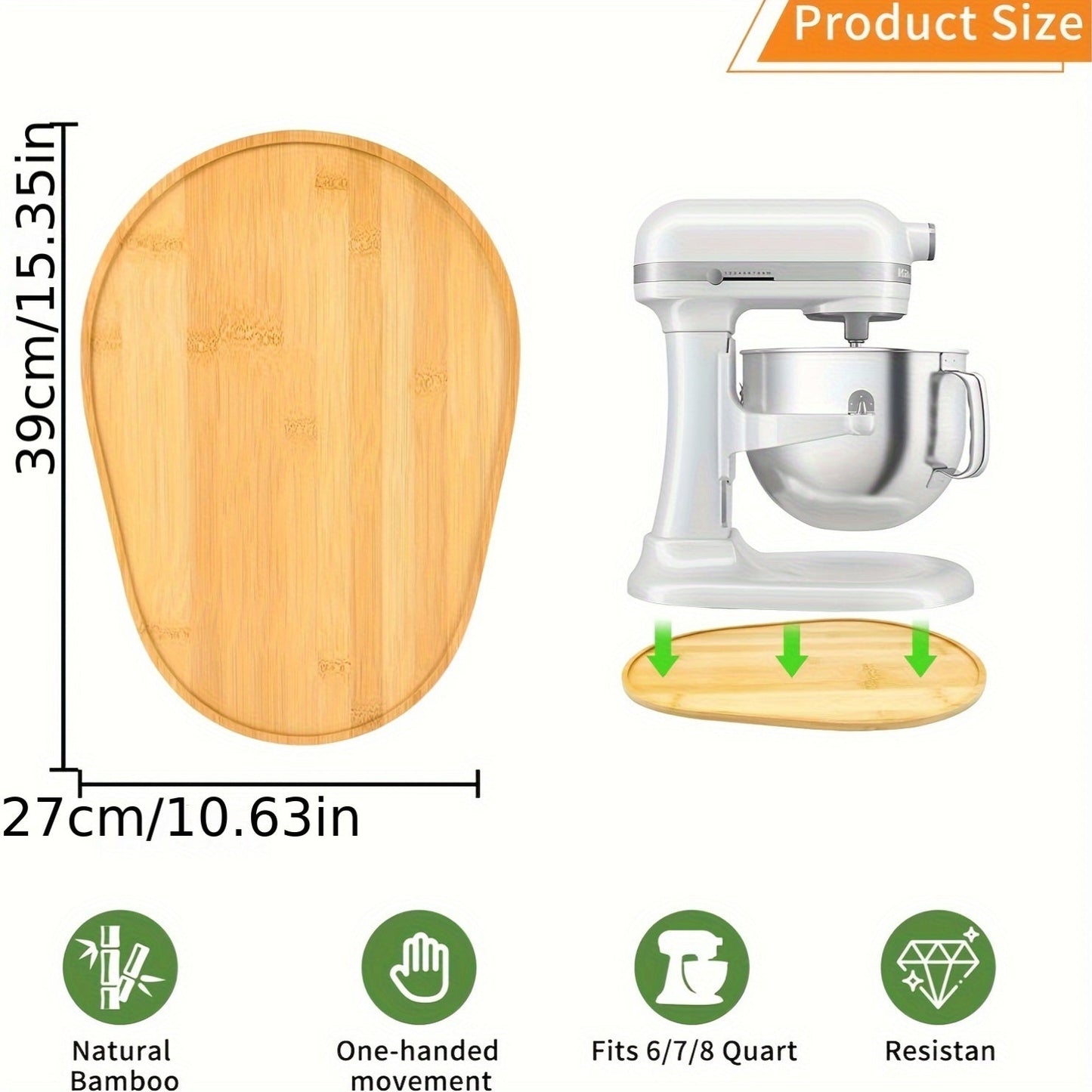 The Bamboo Mixer Moving Pad is designed to fit 5-8 Quart Stand Mixers, made from natural bamboo with no paint or smell. It is durable, resists mold and cracking, and easy to use. This countertop mixer storage and mobility accessory is a great addition to