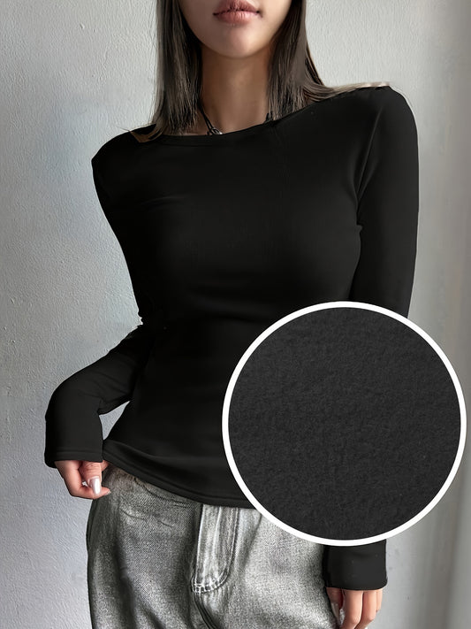 Basic Women's Crew Neck Top - Long Sleeve Solid Color Shirt for Fall/Winter - 95% Polyester, 5% Elastane Stretch Fabric