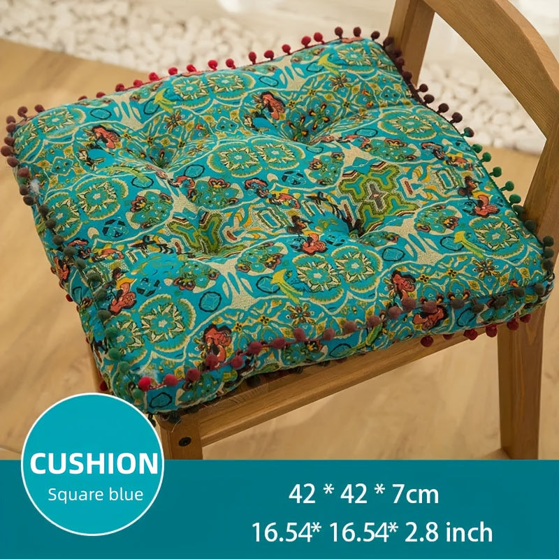 Boho-chic square cushion with pompoms: Versatile and fade-resistant.