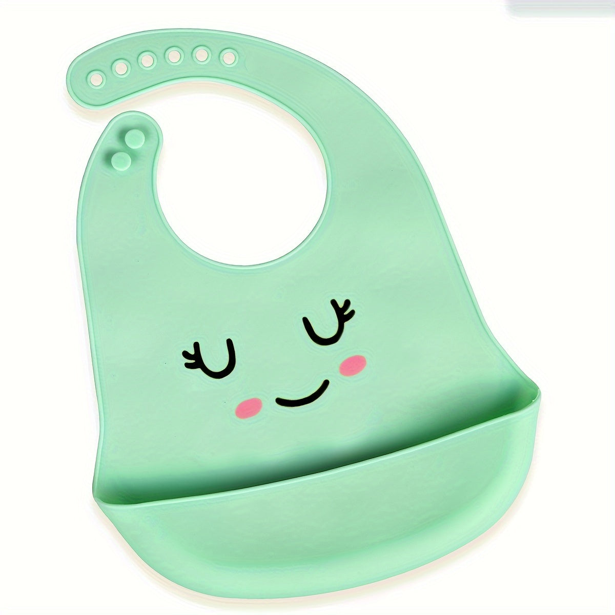 Soft and easy-to-clean food-grade silicone feeding bib with adjustable happy face design and food catcher pocket, perfect for Christmas or Thanksgiving gift giving.