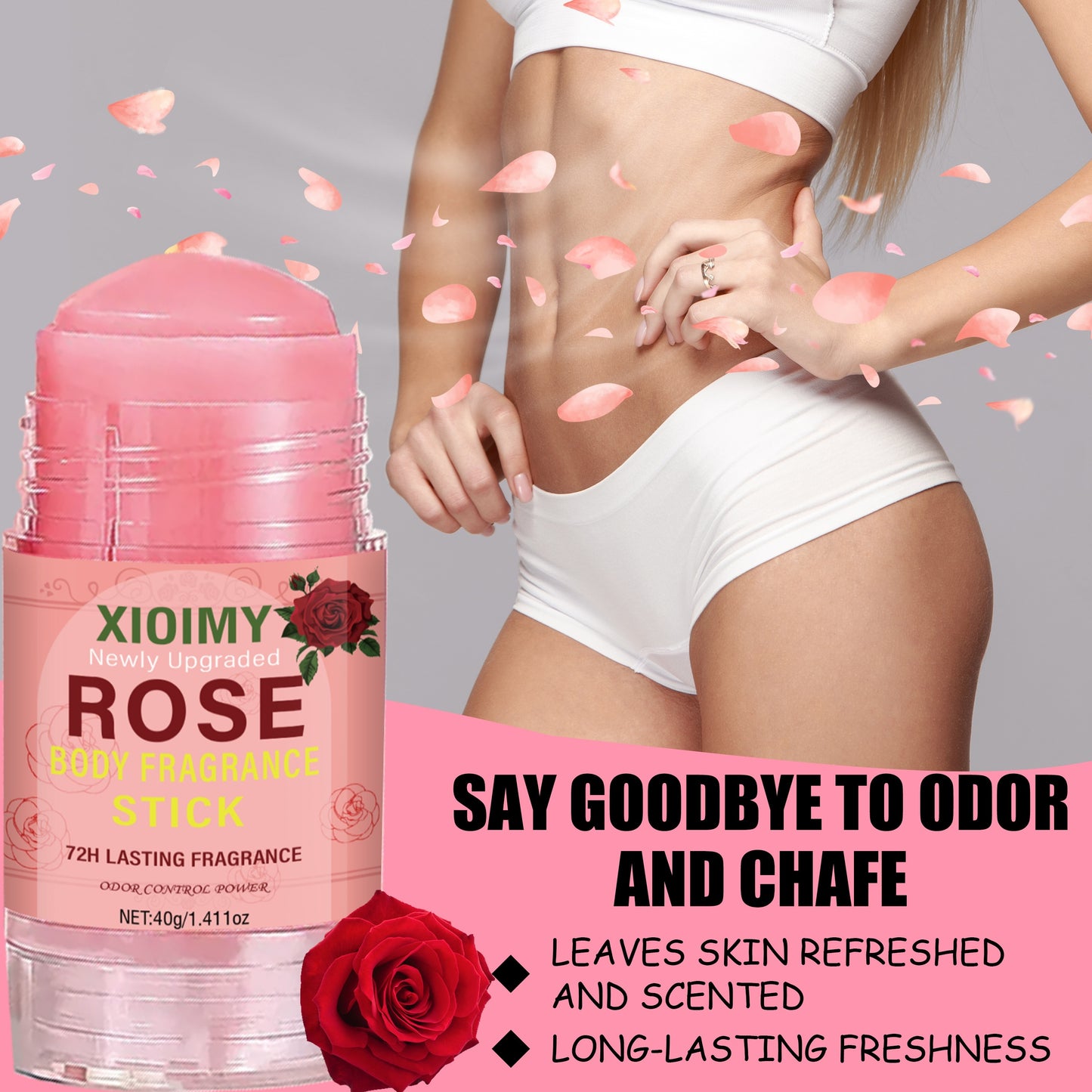 Xioimy Rose Body Fragrance Stick - Unisex deodorant, 1.411oz, 72-hour freshness, long-lasting rose scent, ideal for body, counteracts stubborn body odor & sweat.